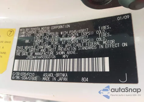 2009 Toyota Highlander z USA, uszkodzony, nr VIN JTEDA41A492003106